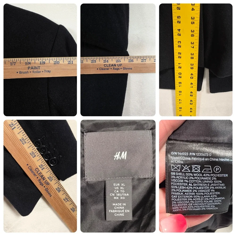H&M Wool Blend Overcoat Mens XL Black Long Peacoat Trench Old Money Minimalist